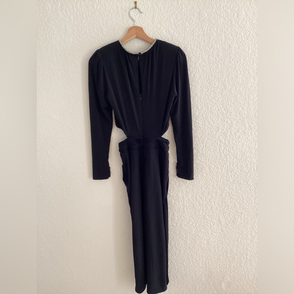 SELF-PORTRAIT Long Sleeve Cut-Out Rhinestone Black Jersey Midi Dress - Picture 3 of 10